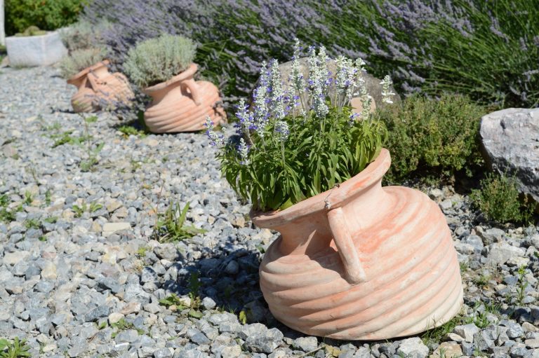 Grindpad met potten lavendel